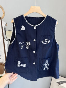 LIYANGANG | Cartoon Embroidered Sleeveless Waistcoat Cotton Hemp Style Simple Fashion Korean
