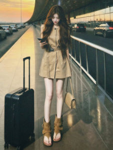 Ge·an·fei | Retro French Style Khaki Vest A-Line Skirt Waist-Fit