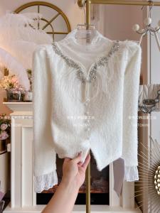 Womens Knitted Mink Velvet Sweater Heavyweight Feather Embellished High Collar Lace Trim Base Shirt Winter New Style