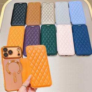 Fashion Grid PU Leather Flip Wallet Phone Case for iPhone Air 17 Pro Max Card Slots Wireless Charging Magnetic Clear TPU Cover