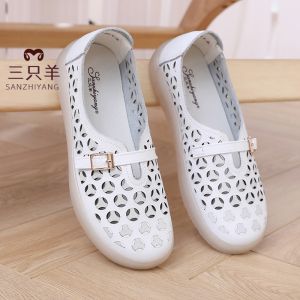 Leather Hollow out Slip-On Sandals Womens Summer Autumn Breathable Comfortable Flat Bottom Anti-Slip Casual Mom Shoes