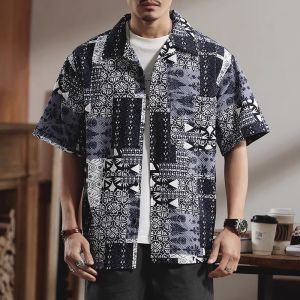 Mens Loose Fit Cotton Shirt Short Sleeve Breathable Cool Feeling American Stripe Top Summer Fashion Casual Wear