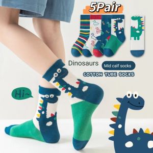 Children's Socks: 5 Pairs of Autumn and Winter New Mid-Calf Dinosaur Spring and Autumn Boys and Girls Baby Middle and Large Child