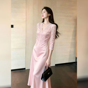 DANTING | Elegant Pink Lace V-Neck Autumn Luxury Evening Dress