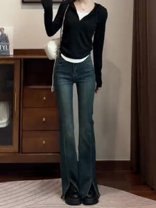 Retro High เอว ผ่าชาย Micro Flared กางเกงยีนส์ ผู้หญิง ฤดูใบไม้ผลิ ฤดูใบไม้ร่วง Slim หลวม ขาตรง กางเกงขาม้า ยาว กางเกงขายาว