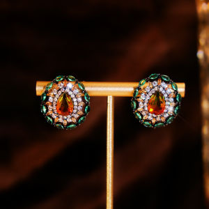 SEQUITO Vintage Ladies Ear Jewelry Black Gold Plated Teardrop Pave Setting Colorful AAAAA Zirconia Round Floral Stud Earrings SE1059
