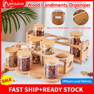 Royalstar 2 Tier Wood Condiments Organizer Kitchen Bamboo Seasoning Rack Condiment Wooden Rack Seasoning Bottle Storage Shelf