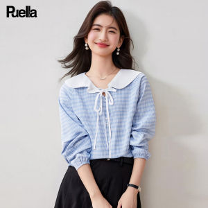puella | Flared Sleeve French Check Slimming Blouse