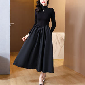 Elegant Black Fleece Lined Thickened Half High Collar Long Dress Womens Base Layer Autumn Winter New Style A-Line Gown