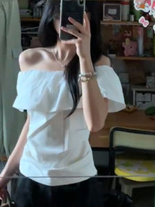 BINKAFENNY | Áo Sơ Mi Trắng Dáng Xuống Vai Có Nếp Nhăn Cho Mùa Hè