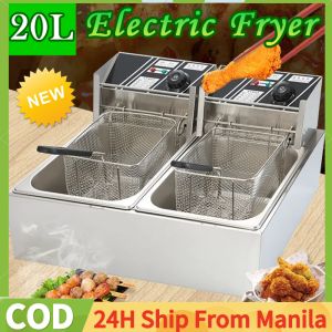 Electric Deep Fryer Heavy Duty 20L Electric Fryer With Basket Lid Large Capacity Single/Double Deep Fryer Stainless Steel Frying Machine Countertop Electric Oil Fryer For Kitchen Restaurant
