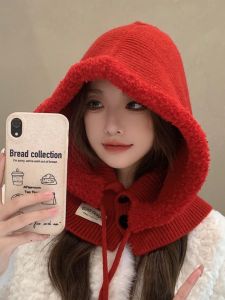 Fall and Winter New Year Red Balaclava Women Korean Style Easiest for Match Knitting Sleeve Cap Windproof Cycling Warm Wool Hat