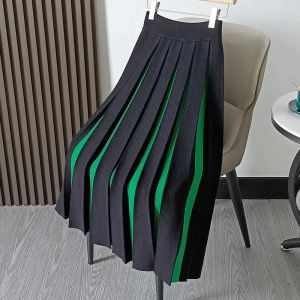 Elegant High Waist Panel Versatile Pleated Skirt Spring and Autumn Retro Fashion Stripe Mini Knitted Skirt Womens Mixed Color