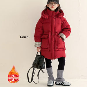 Korean Style Girls Winter Cotton Jacket Warm Long Middle-Length Fashionable down Cotton Outerwear Red Casual Daily Wear