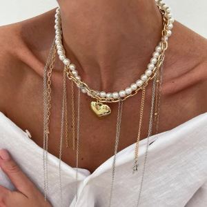 Ingemark Multilayer Love Heart Star Tassel Pendant Choker Necklace for Women Vintage Imitation Pearl Beads Chain Neck Jewelry