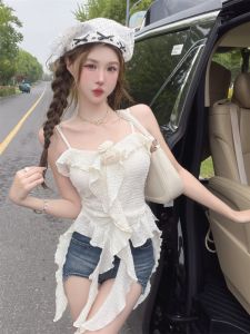 GUZILIAN | French Lace Trim Flower Print Crop Top Women Summer Slim Fit Irregular Sleeveless Beautiful Outerwear Sweet Style Short Length