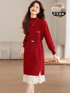 New Year Holiday Woolen Knitted Dress Lace Splicing Sweater Dress mid Waist A-Line Long Sleeve Mid-Length Autumn Winter New Style