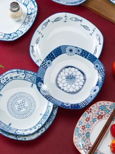 Creative Ceramic Square Plate Jingdezhen Porcelain Deep Dish Microwave Safe Dinner Plate Farmhouse Style Floral Pattern