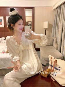 ชุดนอนผู้หญิงสไตล์เกาหลี แขนยาว กางเกงขายาว ชุดนอนผ้าไหมน้ำแข็ง แขนยาว ฤดูใบไม้ผลิและฤดูใบไม้ร่วง ชุดนอนหวานๆ สไตล์เจ้าหญิง
