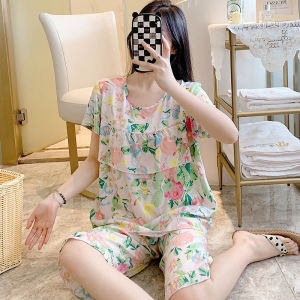 Lightweight Breathable Candy Colored Silk Cotton Pajamas Women Summer Sleepwear Loose plus Size Short Sleeve Cold Sensation Set