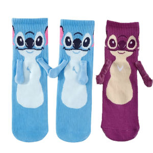 1/2 Pairs of Fashionable New Japanese Cartoon Pattern Womens Mid Tube Socks Novel and Interesting Couple Holding Hands Socks
