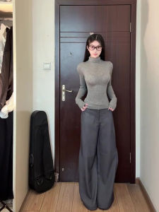 กางเกงขายาวทรงหลวมเอวสูงสีเทาสไตล์ย้อนยุคสำหรับผู้หญิง กางเกงขายาวทรงหลวมสบายๆ ฤดูใบไม้ผลิและฤดูใบไม้ร่วง