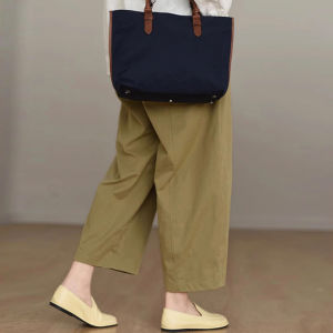 Japanese Style Art Pure Cotton Cropped Wide-Leg Pants Womens Summer Elastic Waist Plus Size Cover Slimming Commuting All-Matching Casual Pants