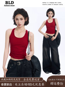 Áo Vest Không Tay Màu Đỏ Kiểu Mỹ Dành Cho Nữ Áo Vest Không Dây Đeo Cổ Có Đệm Ngực Mặc Ngoài Trời Mùa Hè Che Chắn Mỡ Thừa