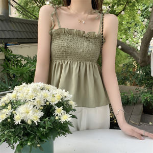 IELGY เสื้อสายเดี่ยวสั้นแต่งระบายสำหรับผู้หญิงสไตล์หวานส่วนบน