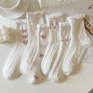 5Pairs Women Lolita JK Pink Ribbon Japanese Korean Style Long Socks Casual Socks Cotton Socks