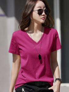 Womens V-Neck T-Shirt Short Sleeve Loose Fit Pure Cotton Korean Style Summer Top White Color Block Classic Pattern