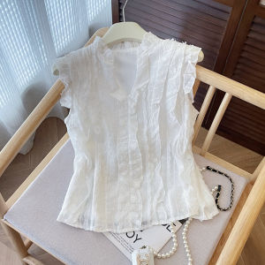 HUANJI | French Style Sweet V-Neck Ruffled Large Size Short Sleeve Blouse