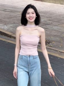 Áo Ba Lỗ Hở Vai Màu Hồng Phong Cách Hàn Quốc Mùa Hè Cho Nữ Áo Ngắn Không Tay Hở Lưng Cổ Treo Một Từ Áo Ba Lỗ