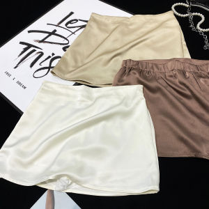 Elastic Waist Satin Finish Short A-Line Skirt Versatile Solid Color Polyester Fiber Summer 2024 Natural Waist Half Body Skirts