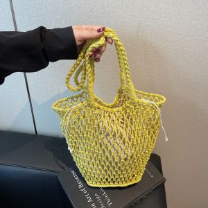 Summer Artistic Knitted Hollow out Womens Bag Large Capacity Beach Vacation Tote Soft Polyester Lining Double Strap Bucket Shape