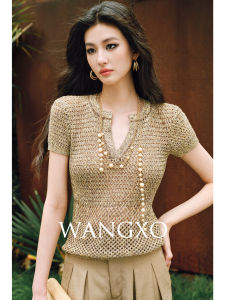 WANGXO | Áo Knit V-Neck Ren Lỗ Bóng Bảy