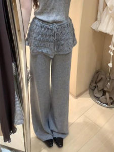 Womens Knitted Wide Leg Pants Casual Hollow out Splicing Drapey Autumn New Style Grey Straight Tube Long Trousers