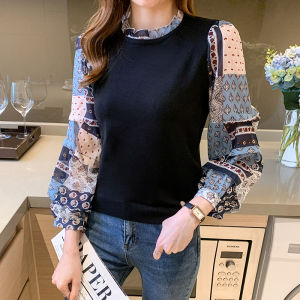 Elegant French Style Spliced Knitted Chiffon Long Sleeve Stand Collar Shirt for Women Spring Autumn New Arrival Commute Korean Loose Fit Print