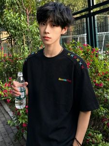 OUMULONG | Cross Embroidery Tie-Dye Designed Mens T-Shirt