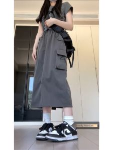 Gray Workwear Skirt Womens High Waist Mid-Length American Retro A-Line Slimming Skirts Winter New Style Commute Korean Version