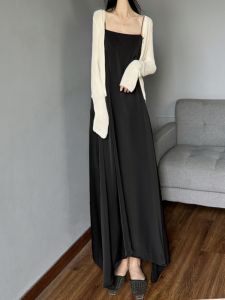 Silky Long Acetate Satin Dress with Strap Loose Waist Asymmetrical Hemline A-Line Simple Commute Style Womens Dress