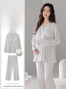 MiiOW | Bộ đồ ngủ dài tay mùa hè cho phụ nữ mang thai MiiOW Cat People Váy ngủ dài tay có đệm ngực cho giai đoạn sau sinh và cho con bú