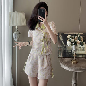 SUYE | Short Sleeve Floral Elegant Slim Fit Vintage French Chinese Style Two-Piece Pants Set
