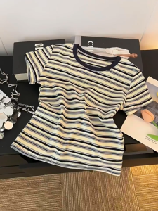 Striped T-Shirt Soft Casual Round Neck Tshirt Short Sleeve T-Shirt for Women Korean Fashion Top