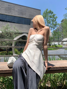 Gardenia Pure Desire Summer Womens Slim Fit Asymmetrical Hanging Neck Small Strap Top with Fringe Splice Regular Length