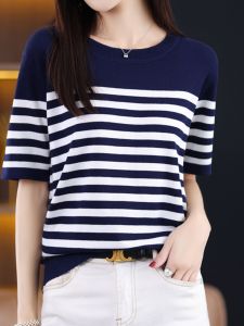 Womens Short Sleeve T-shirt with Round Neck and Stripes in Navy Blue and White Knitted Ice Silk Base Shirt for Summer