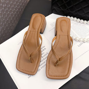 Womens Chunky Heel Thong Slippers for Beach Wear Summer New Style Square Head mid Heel Sandals to Match Skirts Flip Flops
