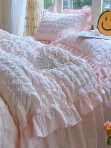 Korean Style Washed Cotton Bubble Bedding Set Non-Cotton Pure Cotton Bed Sheet Skirt Duvet Cover Dormitory Bedding Four-Piece Set