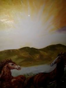 HIASAN DINDING LUKISAN HEWAN TEMA KUDA BERLARI UKURAN 70X 150 CM PLUS BINGKAI