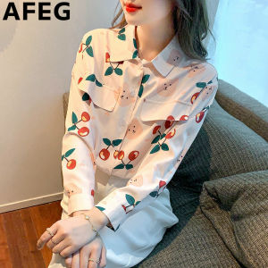 AEEG Korean shirt collar fashion loose temperament vintage printed chiffon long sleeve blouse for women